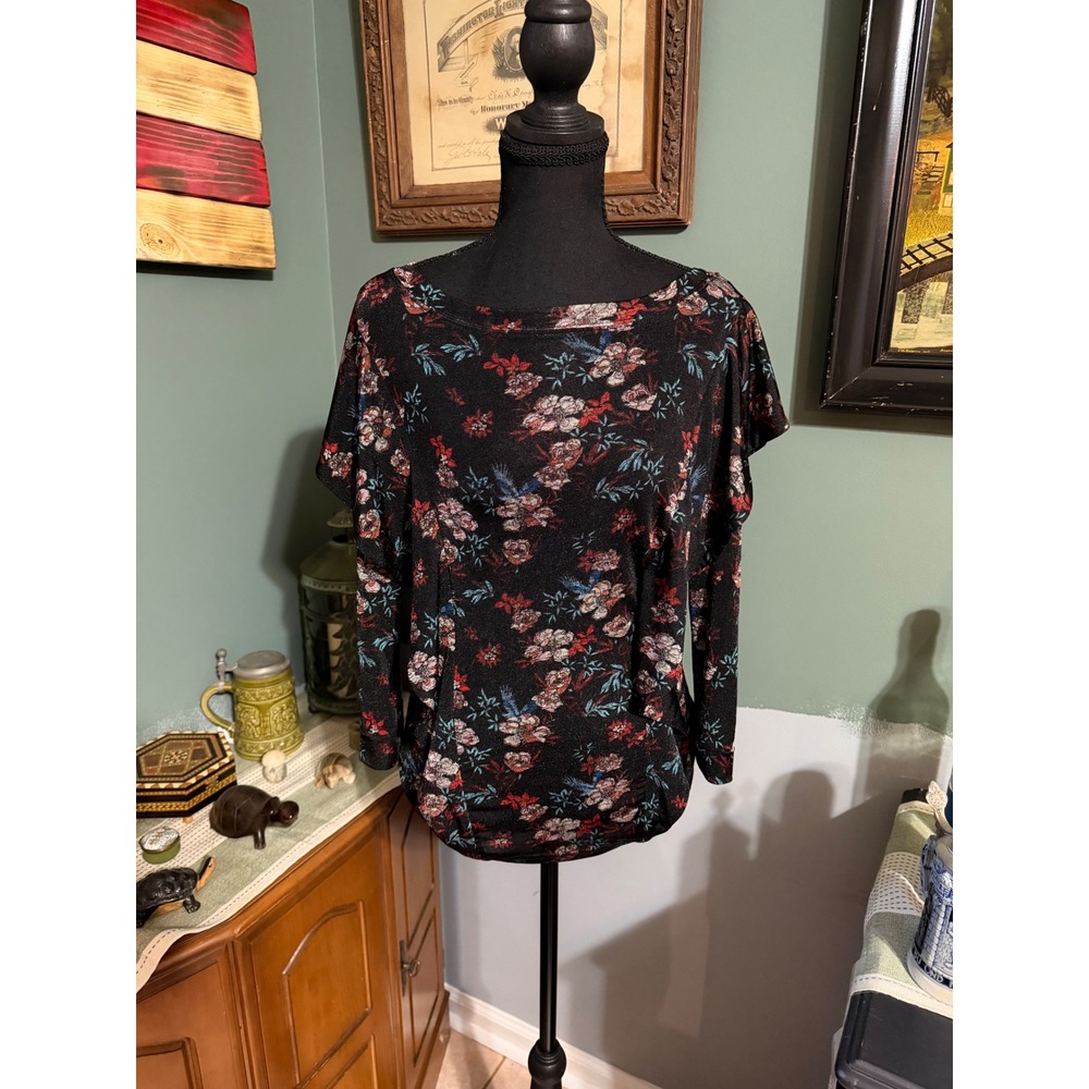 Free People Floral Open Back Boat Neck Top Black Red Blue Small